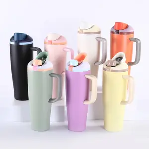 20pcs 40oz Vacuum-Insulated Stainless Steel Tumbler with Flip Straw and Lock Lid, Water Bottle Flasks, Kitchenware Drinkware with Removable Handle, Customizable Tumbler Mug Portable outdoorfun