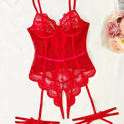 Four-Piece Christmas Sexy Lingerie Set, Elegant Comfortable Hollow Out Push-Up, Women's Sensual, Boyfriend Gift, Cool Girl Style