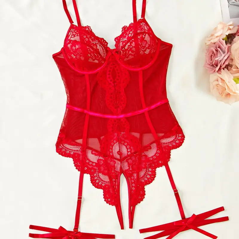 Four-Piece Christmas Sexy Lingerie Set, Elegant Comfortable Hollow Out Push-Up, Women's Sensual, Boyfriend Gift, Cool Girl Style