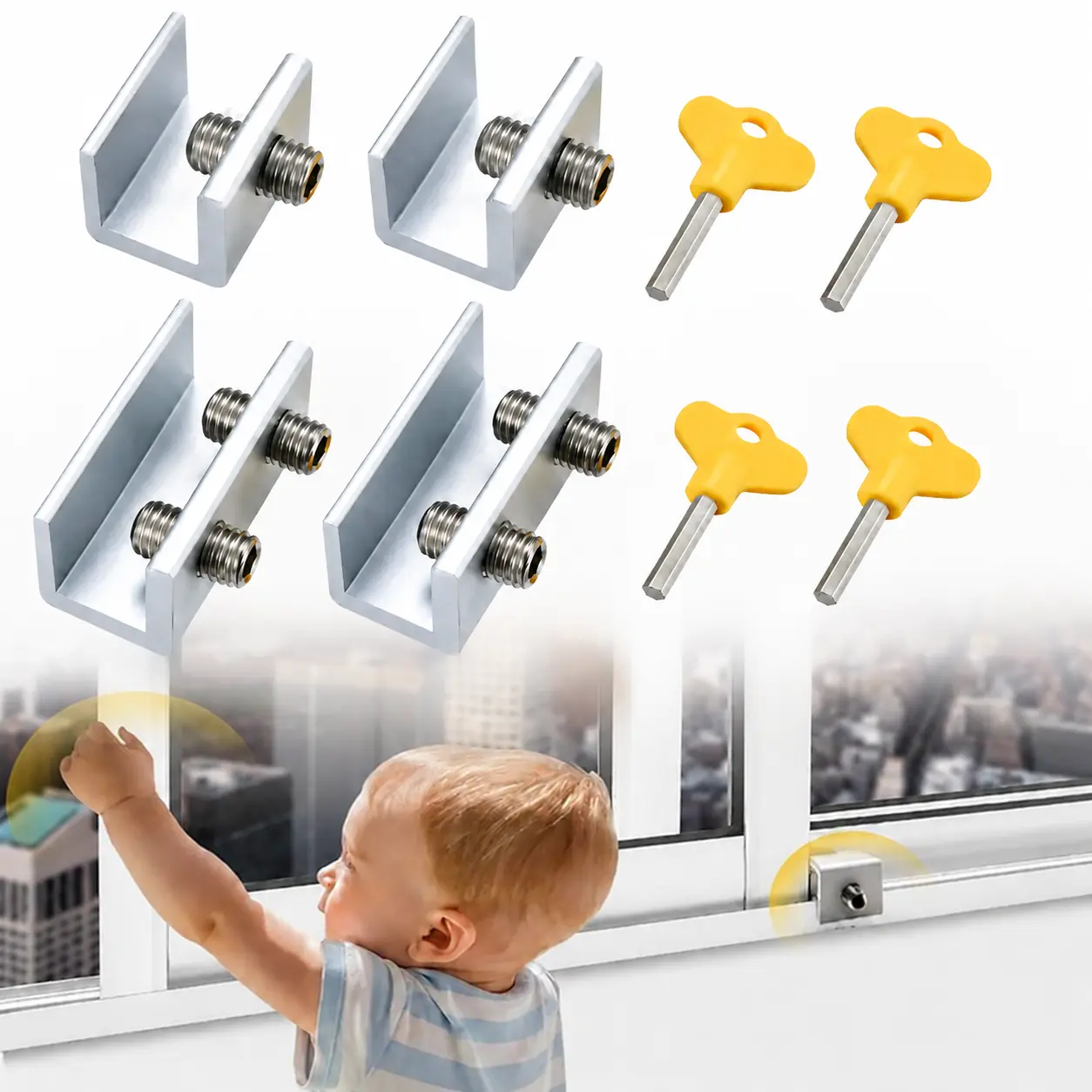 4PCS Aluminium Adjustable Sliding Door & Window Safety Latch with Keys, Childproof Security Clamp for Home & School, Easy Access for Parents, Adjustable Design