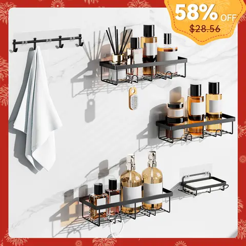 YASONIC Minimalist Rust-Treated High-Strength Metal Bathroom Accessories Set - 2/3/5 Pack Bright Black Self-Adhesive Wall-Mount No-Drill Organizer with Removable Hooks, Soap Holder, Shampoo Organizer for Humid Baths, 5 Piece Set