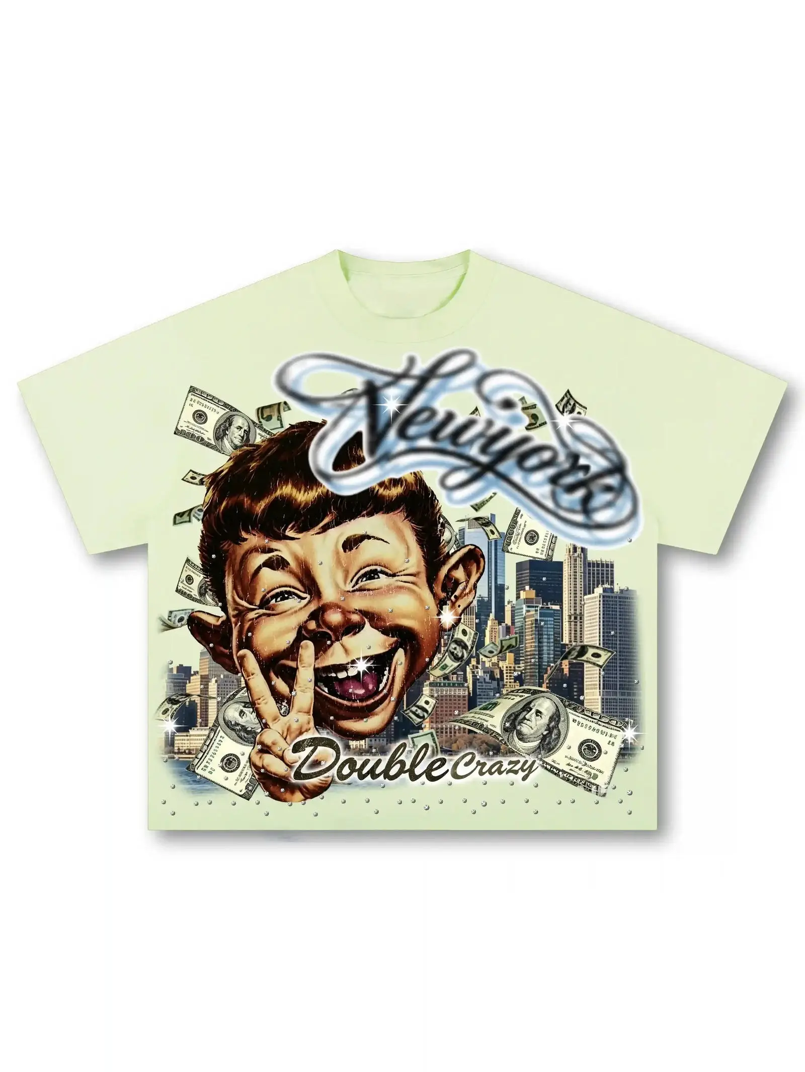 Vintage Mad Style Cartoon Boy NY Money Streetwear Graphic Oversized Tee, Heavyweight 100% Premium Cotton Soft T-Shirt, Perfect Y2K Aesthetic Gift & Retro Hip Hop Fashion