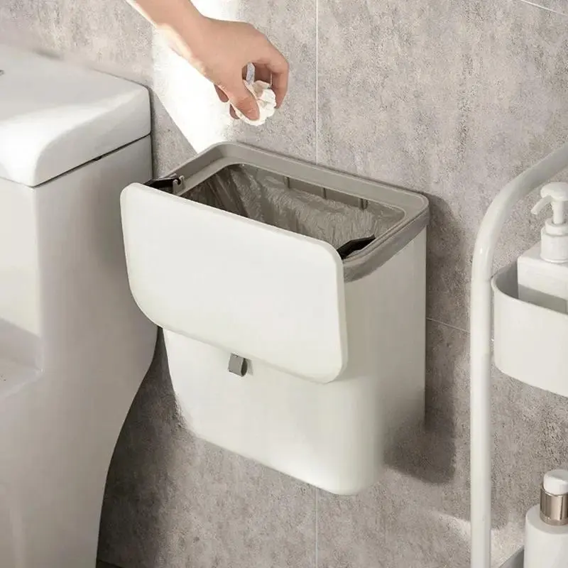 Contactless Kitchen Wall-Mounted Trash Can with Lift-Off Lid, Durable Plastic Space-Saving Design for Bathroom and Kitchen, Modern Waste Bin