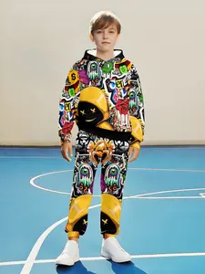 Boys' Colorful Graffiti Cartoon Print Full Print Hooded Sweatshirt Set, Casual Fitted Look Sweatshirt & Drawstring Pants Two-Piece, Street Style Daily Wear