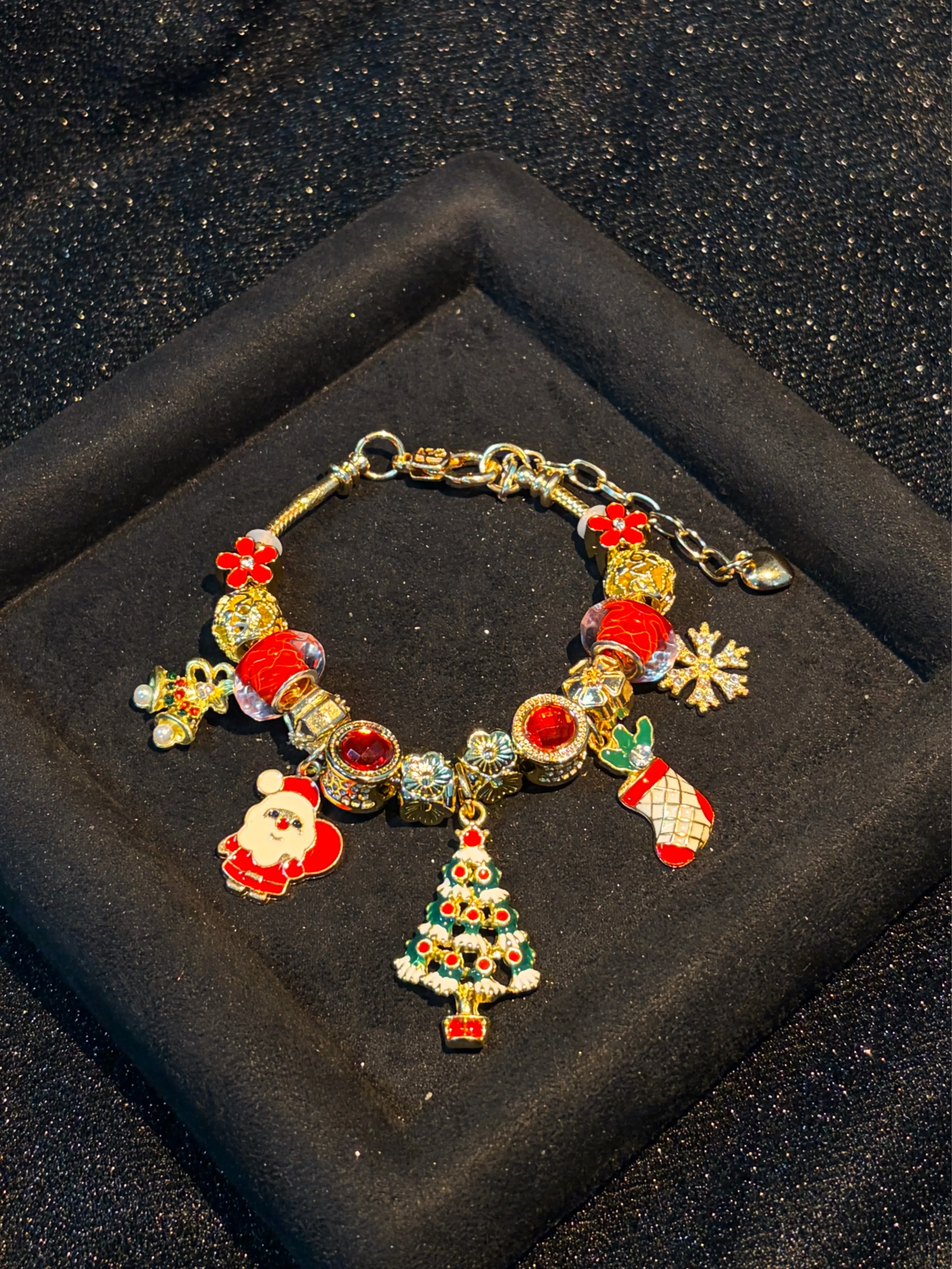 Bling Gold‑Tone Christmas Charm Bracelet, Santa Xmas Tree Stocking Snowflake Gift Dangle Charms, Festive Holiday Statement Jewelry Gift for Women