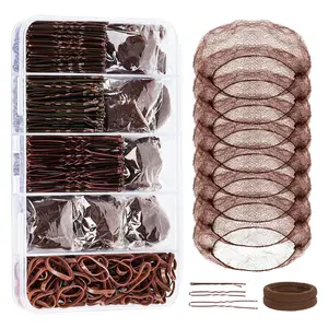 Dance Hair Accessories Kit, Dance Stuff with 100 U-shaped Pins, 50 Bobby Pins, 100 Elastic Rubber Bands, 8 Invisible Hair Nets,2 Hair Ties for Ballet Bun,Dance Competitions,Brown