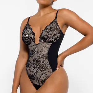 Shapellx Lace Glamour Supportive Plunge Thong Bodysuit Sexy Cute Womenswear Tops