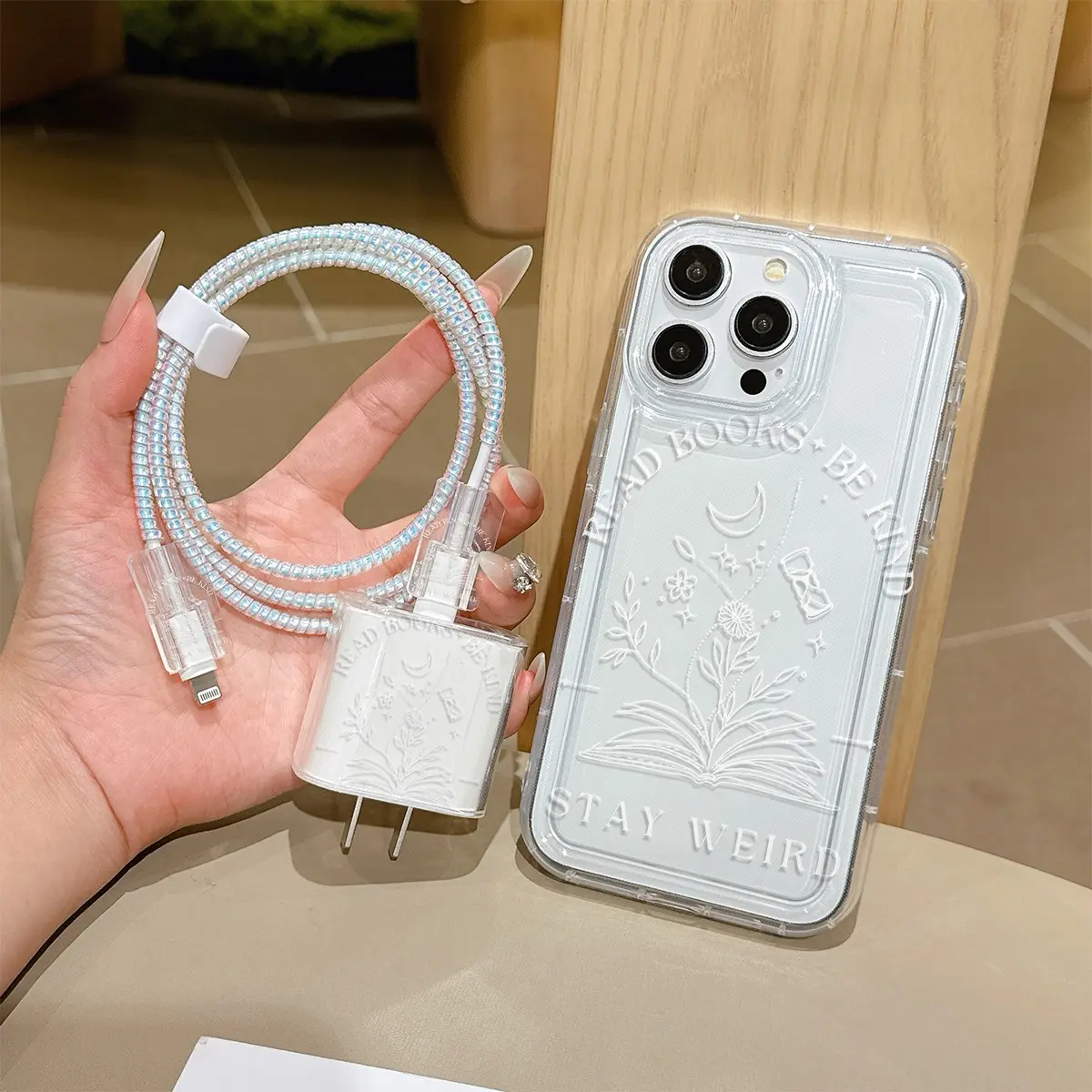 6 Piece Set Transparent Book Pattern Phone Case, Charger Head Cover, Cable Protector, Storage Rope, Data Line Protection, Fits iPhone 6/7/8/x/11/12/13/14/15/16/17 Pro Max