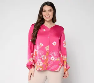 Dennis Basso Petite Printed V-Neck Blouse with Hi/Low Hem