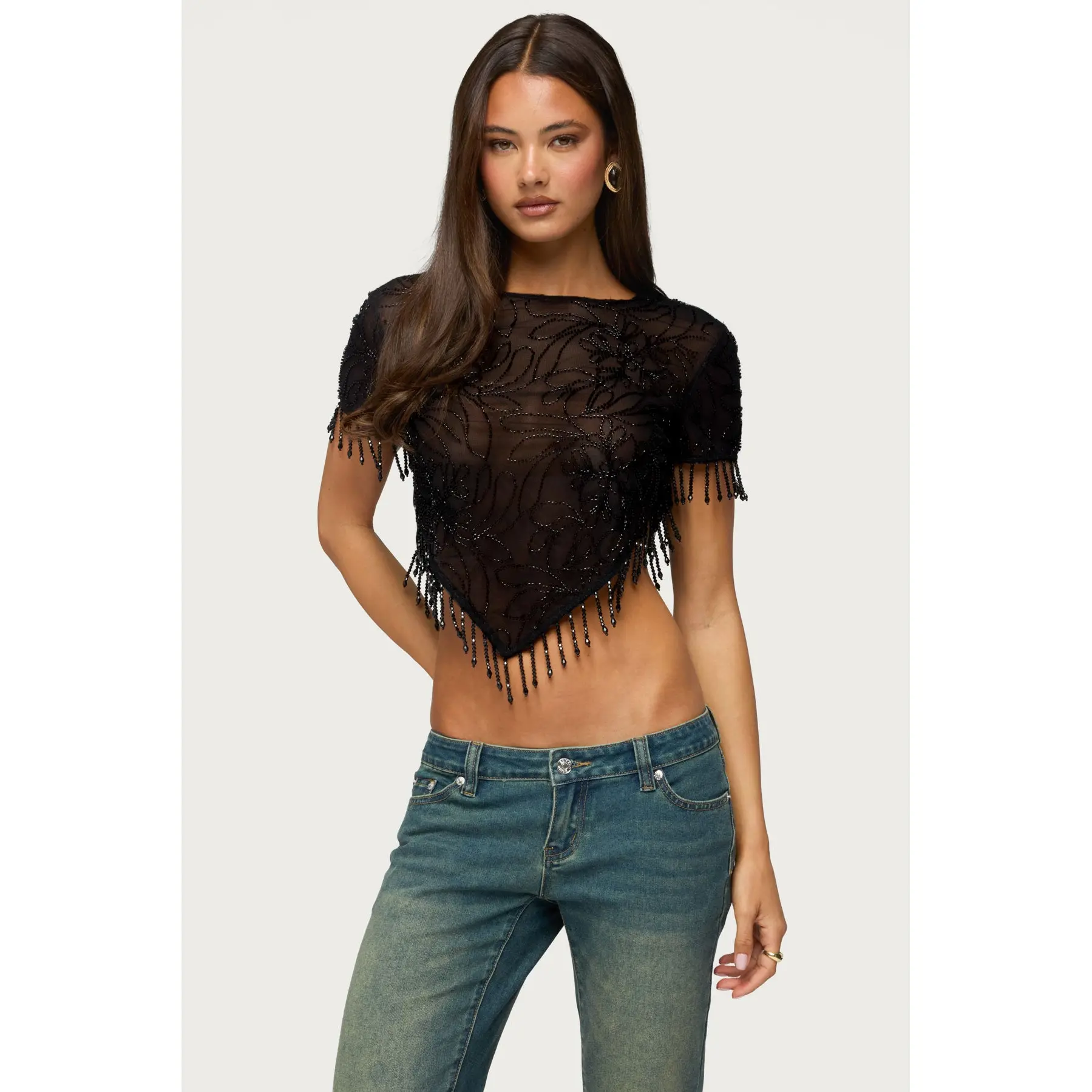Yanna Beaded Fringe Poncho Top Yanna Beaded Fringe Poncho Top