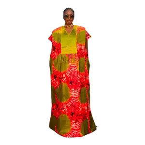 African Long Maxi Dress with Embroidered Bib Detail, Tie-Dye Print, Amry Green and Red, Floor Length, Casual Women's Wear - Womenswear Comfort Statement Aesthetic Everyday Elegance Piece Overall Style