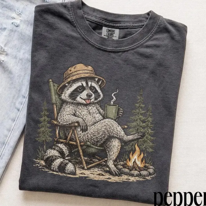 Comfort Colors Vintage Camping Raccoon Shirt, Funny Woodland Animal Graphic Tee, Retro Campfire T-Shirt, Nature Lover Outdoor Apparel, Camping Gift