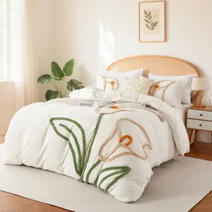 Calla pattern Duvet Cover Set, Boho Tufted Comforter Sets with Zipper Closure, Including1 Duvet Cover & 1/2 Pillowcase without Filler, Soft Comfortable Bedding Set for Home Bedroom, Microfiber Bed Set