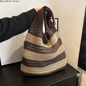 Women'S Woven Tote Bag, Crochet Knit Bag, Knitted Handbag, Beach Bag, Summer Vintage Holiday Style, Handmade Striped Decorative Shoulder Crochet Large Capacity Tote