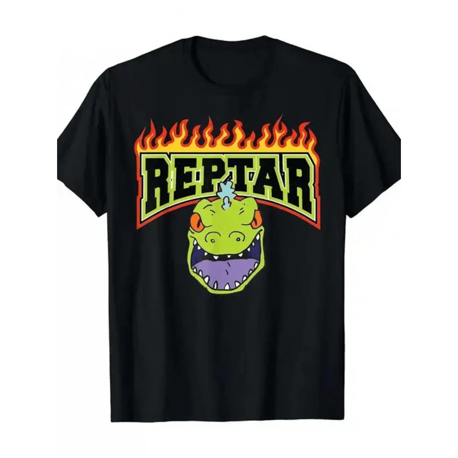 Men'S Reptar Dinosaur & Flame T-Shirt - Features a Green Reptar Logo And Striking Red-Yellow Fire Design, Black Casual Short-Sleeve Round Neck Tee, Machine Washable, Regular Fit Suitable for Comic Conventions, Gaming, And Everyday Wear