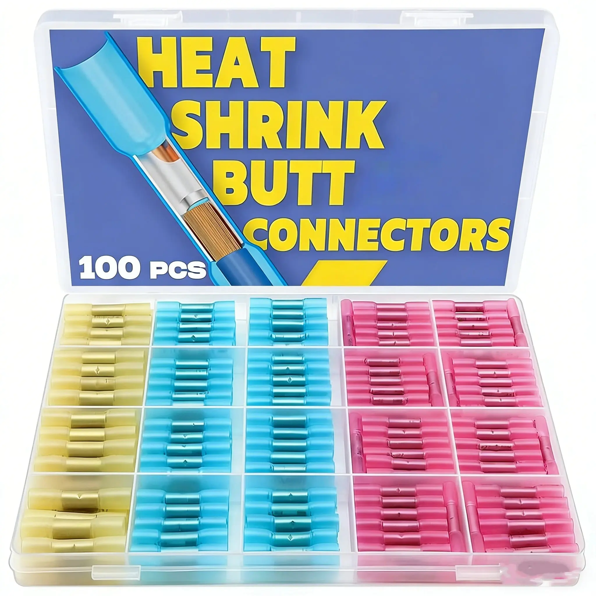 100 Pcs Heat Shrink Butt Wire Connector Kit, Waterproof Insulated Electrical Wire Splice Crimp Terminals, Marine Grade Automotive Wire Connectors