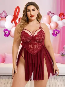 Plus Size Women's Oversized Lace Heart Dress Sleepwear, Sexy Sleeveless V Neck Mesh Nightgown, Side Slit Valentine's Day Pajamas Loungewear Womenswear