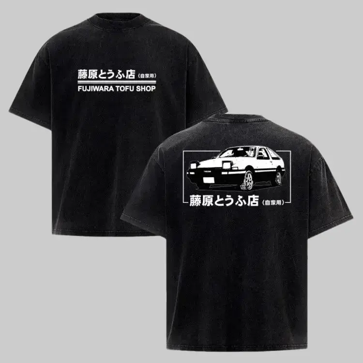 Vintage Washed Initial D Anime Graphic Tee Heavyweight Oversized AE86 R34 Skyline GTR T-Shirt JDM Drift Racing Streetwear Top