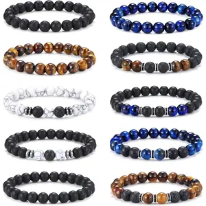 10Count Tiger Eye Bracelet For Men 8MM Stone Beads Bracelet Set Stretch Lava Rock Bracelets Adjustable Black Beaded Bracelet for Men Women Gifts High-Quality Natural Stone Beads Classic Design Perfect Fit for Any Outfit