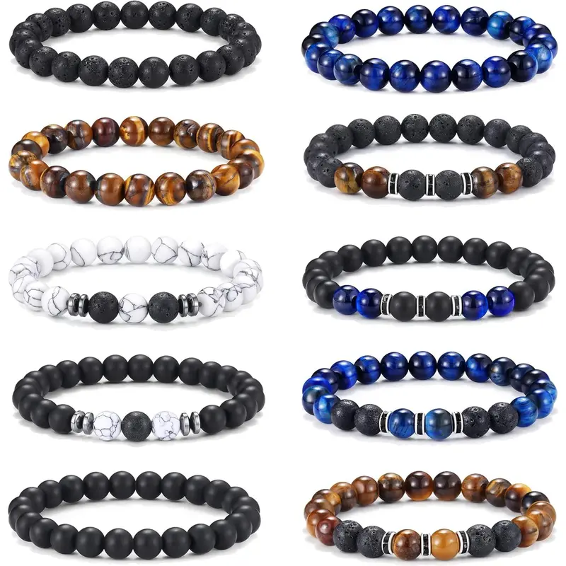 10Pcs 8mm Natural Stone Beaded Bracelet Set for Men, Tiger Eye Blue Onyx Howlite & Lava Rock Stretch Bracelets, Stackable Round Bead Wristbands