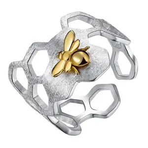 Designed S925 silver Honeycomb Gold Bee open-ring