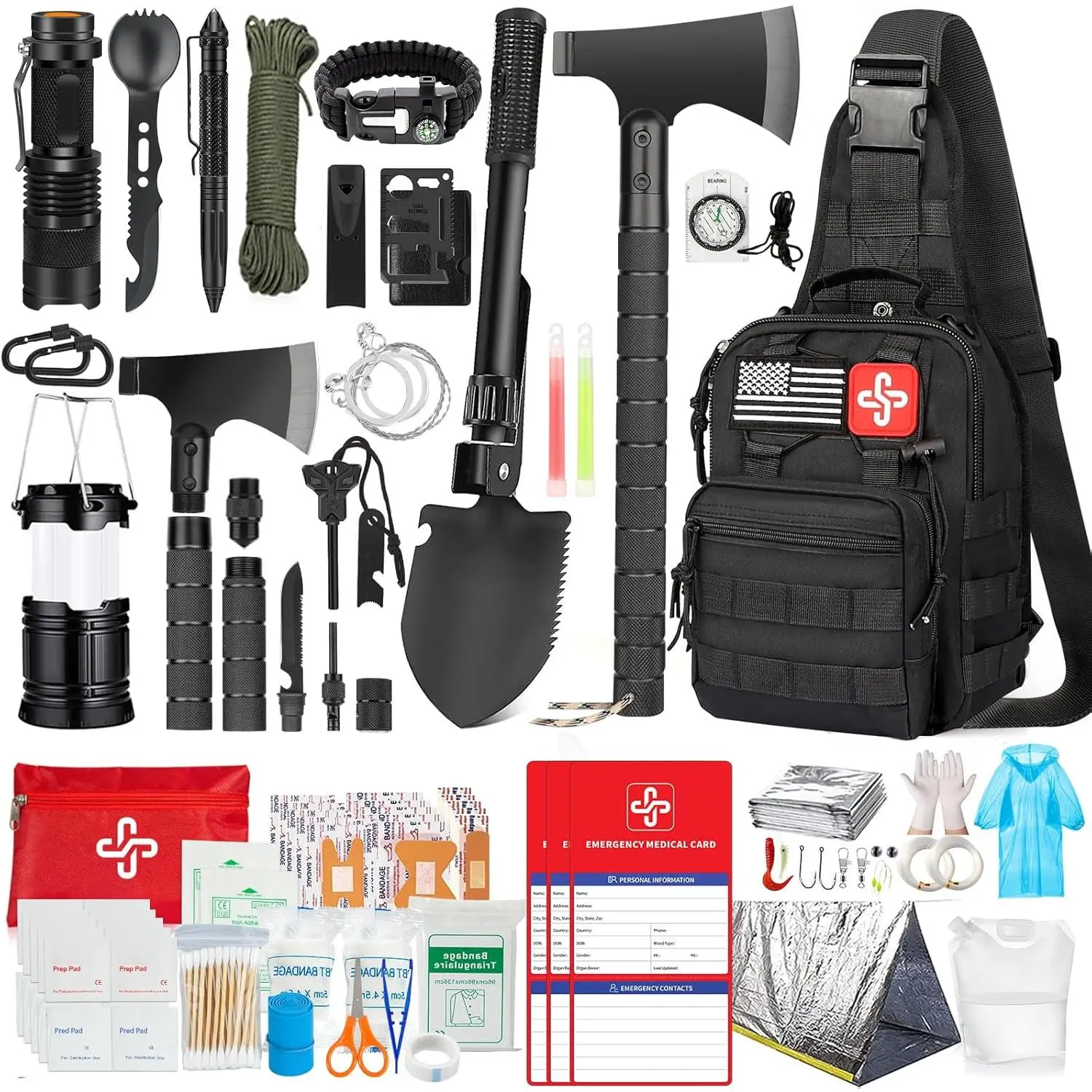 MELLOW MORNINGS Survival Kit, 262Pcs Survival Gear and Supplies with First Aid Kit Pouch and Crossbody Bag, Emergency Kit with Tent, Camping Axe Hammer, Survival Shovel w/Pick, Bug Out Bag Gifts for Men Women