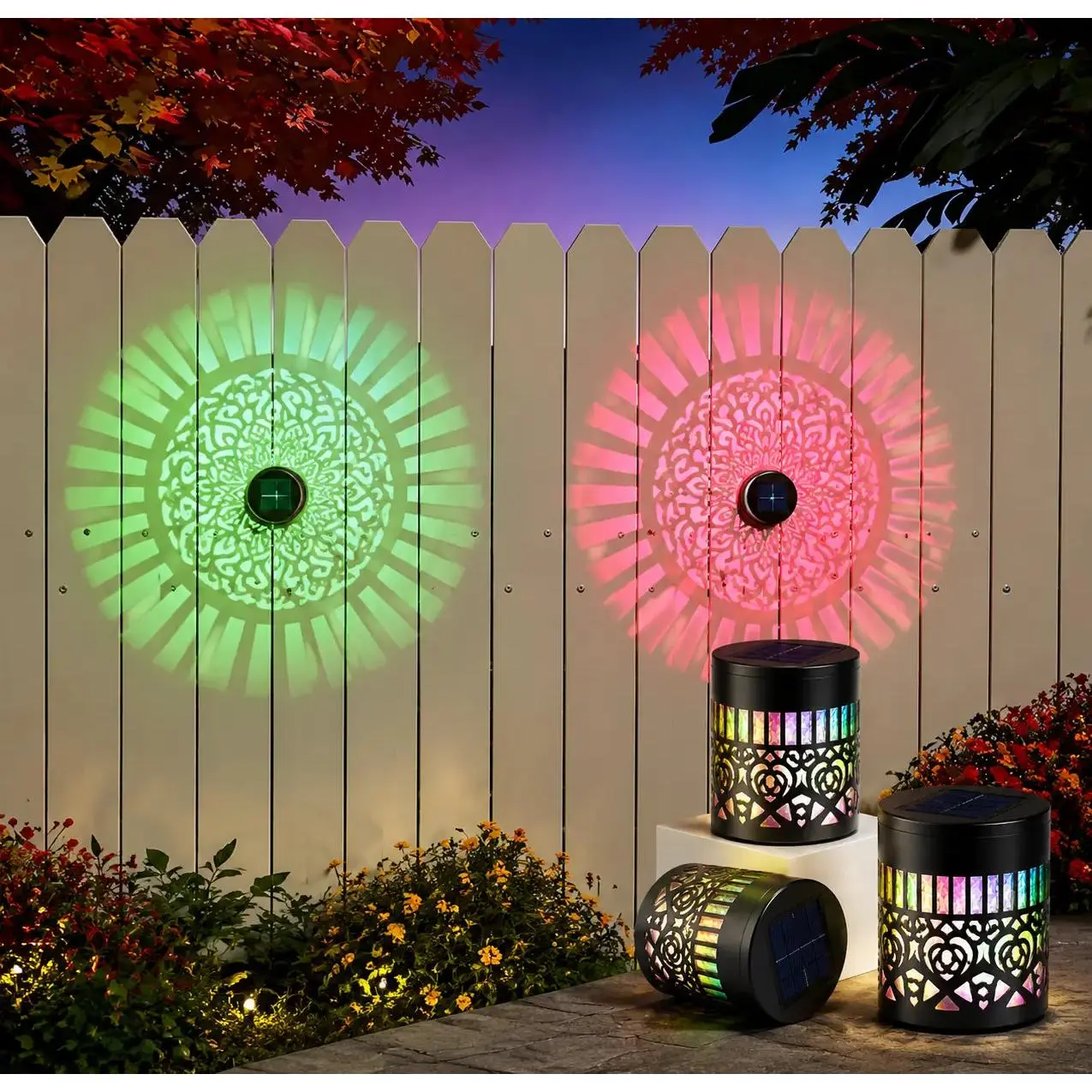 Seven-Color Changing Solar Mandala Projection Wall Light Decorative Solar Mandala Lights Outdoor Waterproof Metal Fence Lights for Yard Garden Post Patio Backyard Decor (2pcs)