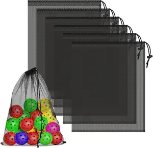 6 Pcs Mesh Bags Drawstring, 14x17 Inch with Lock, Multipurpose Storage Bags for Gym, Balls, Beach, Laundry(Black)