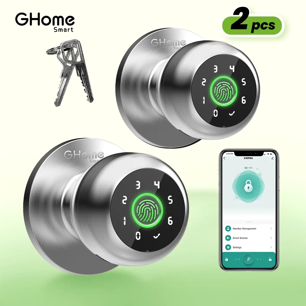 GHome Smart 4 in 1 Fingerprint Door Knob with Keypad, Biometric Knobs & App Control, Keyless Entry Lock, Password Convenient