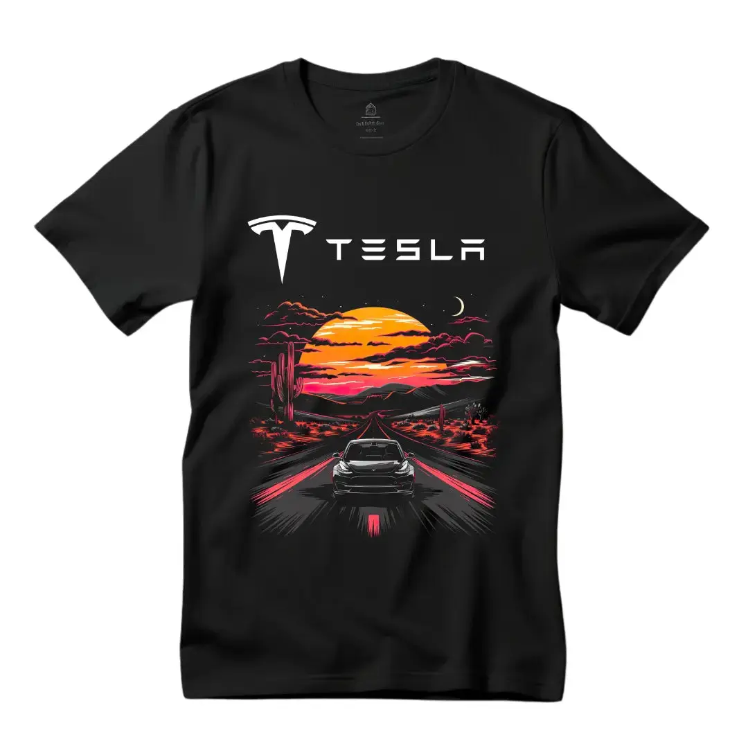 Black Threadz Men's Casual Graphic Tshirt, Tesla Model 3 Graphic Print Short Sleeve Round Neck Streetwear, Casual Graphic Tee