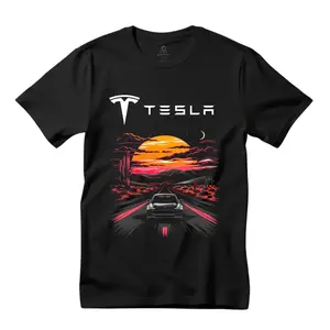 Black Threadz Men's Short-Sleeve Round Neck Casual Streetwear Menswear T-Shirt - Electric Elegance Tesla Model 3 On-the-Road Design
