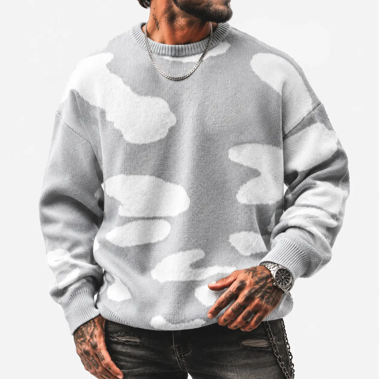 Unisex Crew Neck Pullover Sweater, Modern Abstract Camo Jacquard Knit, Long Sleeve Loose Fit Casual Autumn Top, Longsleeves, Round Neck, Halloween, Christmas, Polyester, Thanksgiving, Knitting, Camouflage, Chinese New Year, Easter, Valentines Day, Menswea