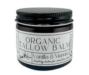 Organic Tallow balm, Vanilla and Manuka Honey All purpose moisturizer, acne prone skin facial, Eczema prone skin, Barrier cream, 2 oz Glass Jar.