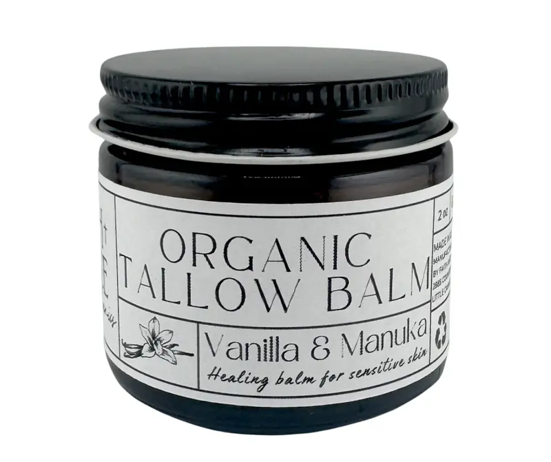 Organic Tallow balm, Vanilla and Manuka Honey All purpose moisturizer, acne prone skin facial, Eczema prone skin, Barrier cream, 2 oz Glass Jar.