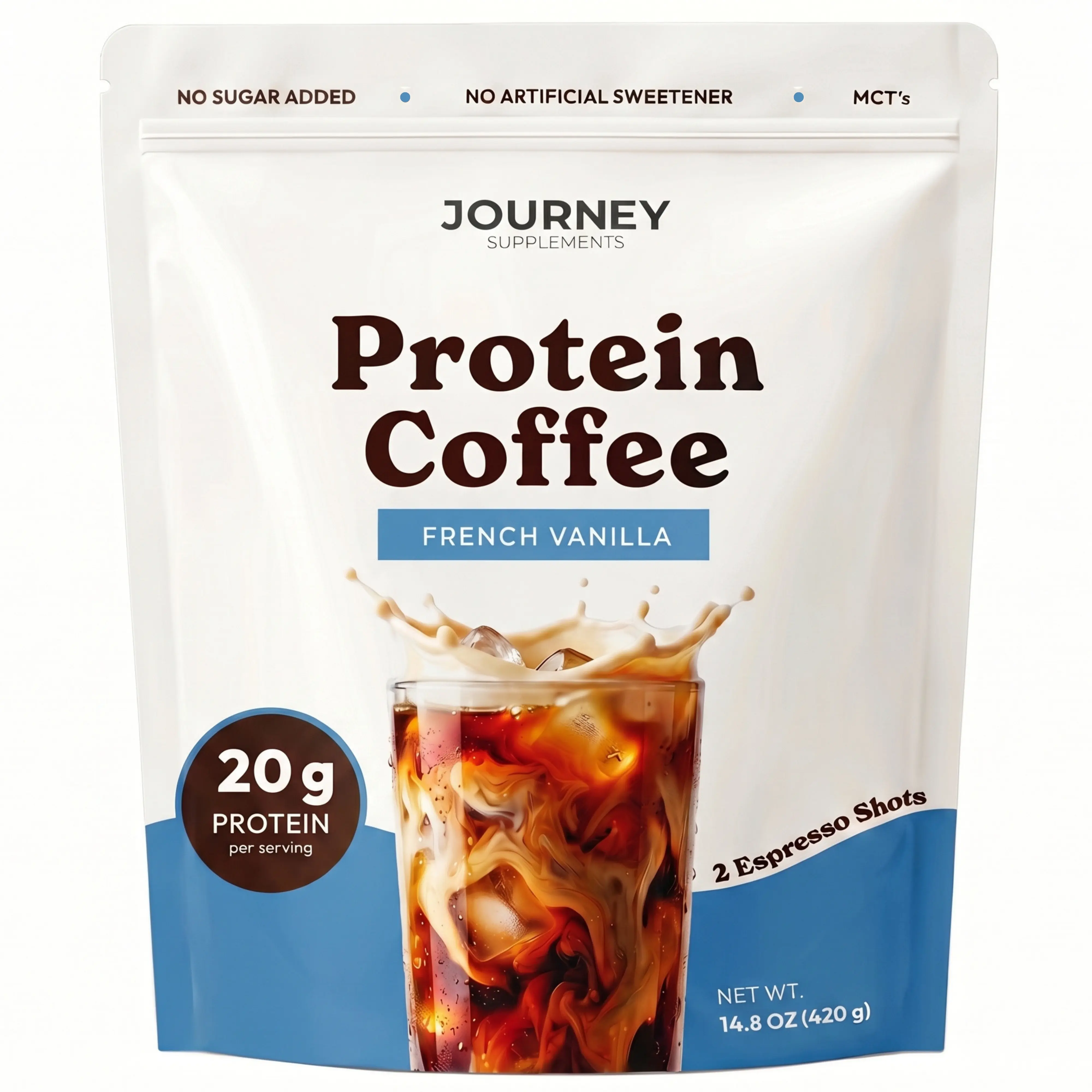 Journey Protein Coffee Powder, 20g High-Protein with Real Coffee, Vanilla | 0g Sugar, 2 Shots of Espresso, Whey Protein & Collagen Peptides with MCT, Keto Friendly, Mixes Hot or Iced, 14 Servings