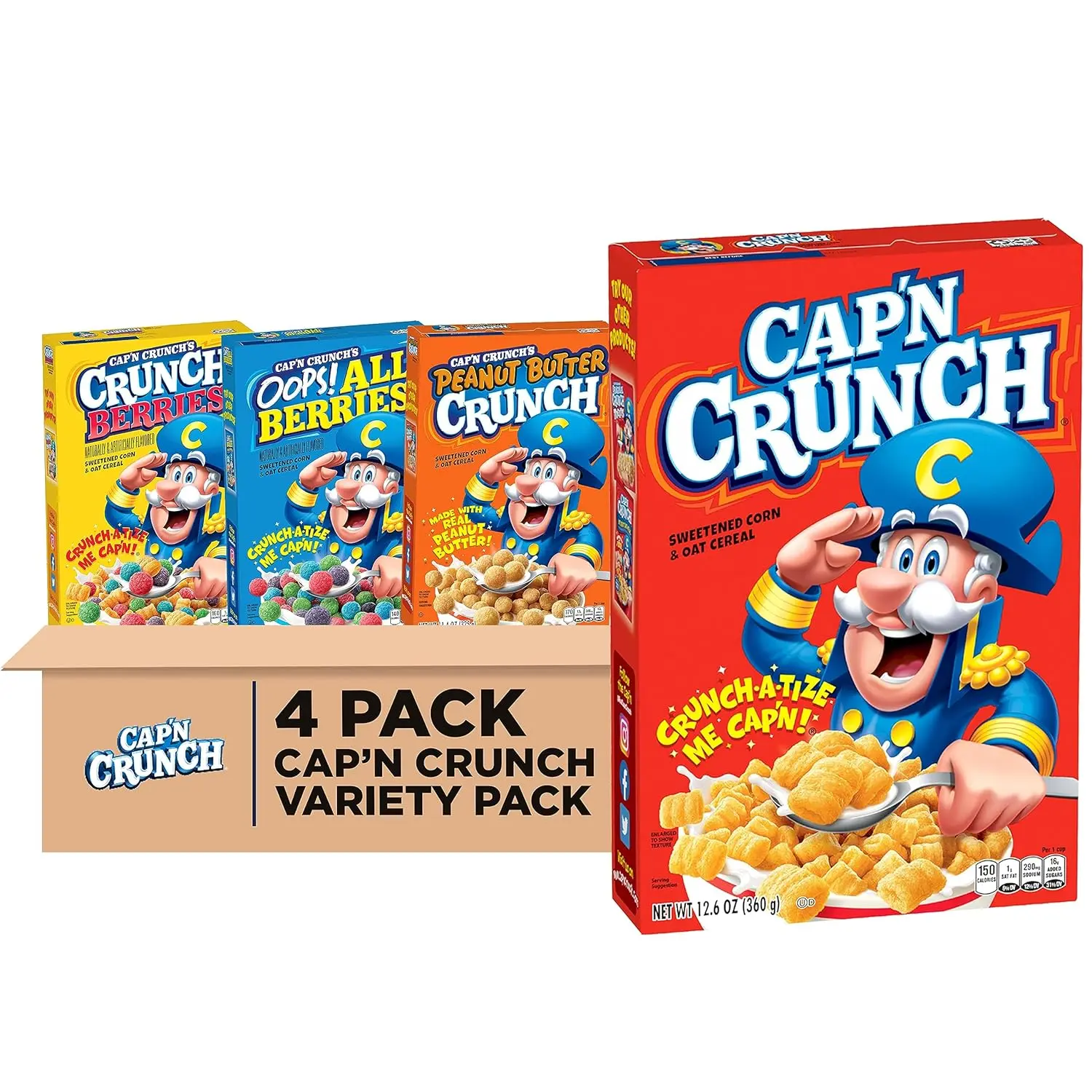 Quaker Cap'n Crunch Breakfast Cereal Variety Pack 4 Pack - Original, Crunch Berries, Oops! All Berries & Peanut Butter Corn & Oat Cereal