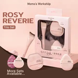 Momo's Workshop Rosy Reverie Trio Set - Rose Edition, Makeup Brush and Sponge Set, 3-Piece Kit for Foundation and Powder & Fish Tail Brush, Flat Blending Sponge & Velour Powder Puff for a Flawless Finish, Travel & Gift Friendly