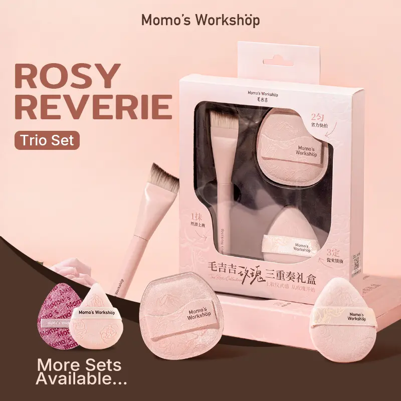 Momo's Workshop Satin Rose Edition Rosy Reverie Trio Set - 3-Piece Makeup Brush & Sponge Kit, Fish Tail Brush, Flat Blending Sponge, Velour Powder Puff for Foundation & Powder, Flawless Finish, Travel-Friendly Gift Option