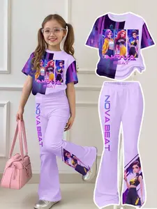 K-Pop Cyberpunk Girl Set, Colorblock Anime Idol Print Short Sleeve Bell Bottom Pants Two-Piece, Cute Slim-Fitting Suit