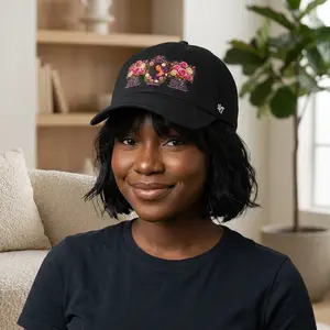Still Healing Fitted Hat - Adjustable Size Embroidered Stitch Hat with Embroidered Photo Collage, Pink Heart Design, Fitted Hats, Adjustable Size Hats