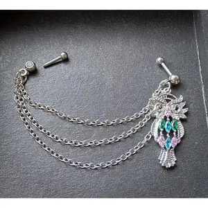 Steel Chain Linked Marquise Gemmed Owl Cartilage Tragus Helix Barbell Jewelry