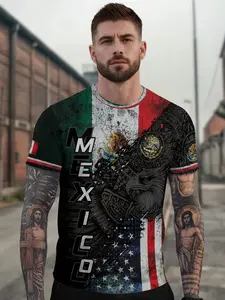 Mexico Usa Flag Eagle Heritage Power Unity Identity Man Shirt, Blue, Fitted Short Sleeve, All Seasons Wear, Casual Fashion Top, Casual Fashion Clothing