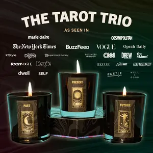 Tarot Trio Candle Set with Workbook and Gold-Plated Pendants | Past, Present, and Future Tarot Reading with Major Arcana Tarot Charms and Scented Candles | Official Candle of Birthdate.co