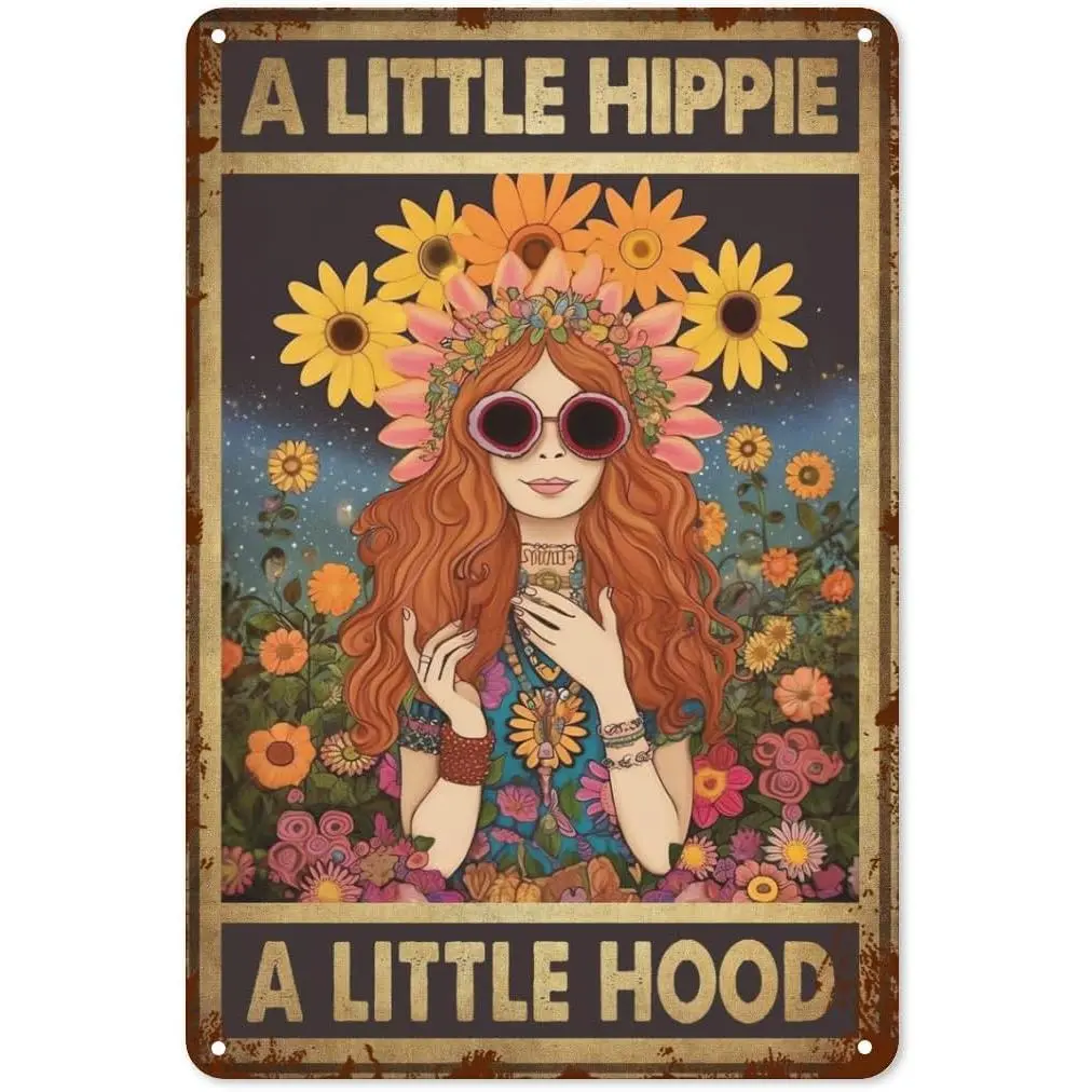 Hippie Aluminum Floral Charm Home Sign, Funny Vintage 8x12 in Wall Decor for Home Office Kitchen, Colorful Retro Flower Power Artwork