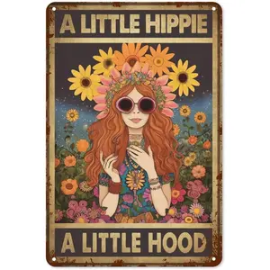 Hippie metal tin sign Funny vintage wall decor for home office colorful retro flower power platinum 8x12 inch