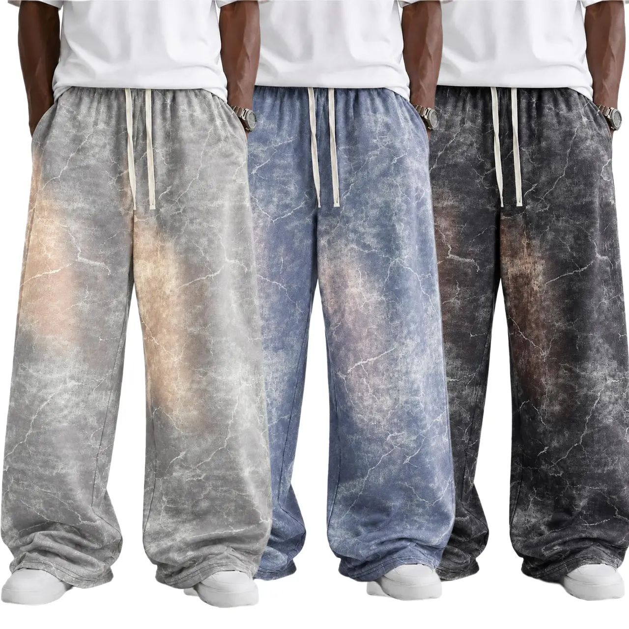 High-quality men’s tie-dye baggy sweatpants, wide-leg design, elastic drawstring waist, vintage acid wash, casual streetwear, relaxed fit, loungewear jogger pants, everyday wear trousers