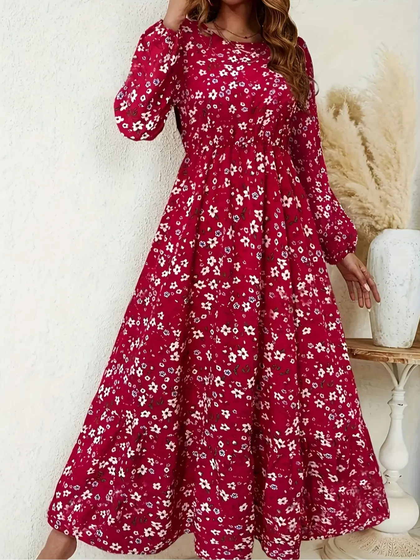 Women's Floral Dress, Bohemian Style Boho Flowy Midi, Casual Boho Chic, Elegant Fitted Design, Long Sleeve, Perfect for Casual Wear and Weekend Outings, All Seasons, Fashion
