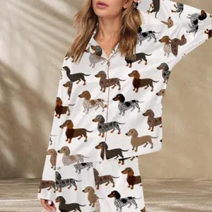 Longhaired Dachshund Pajama Set for Women - Adorable Short Sleeve Top & Matching Shorts Featuring Playful Dachshund Designs for Cozy Comfort