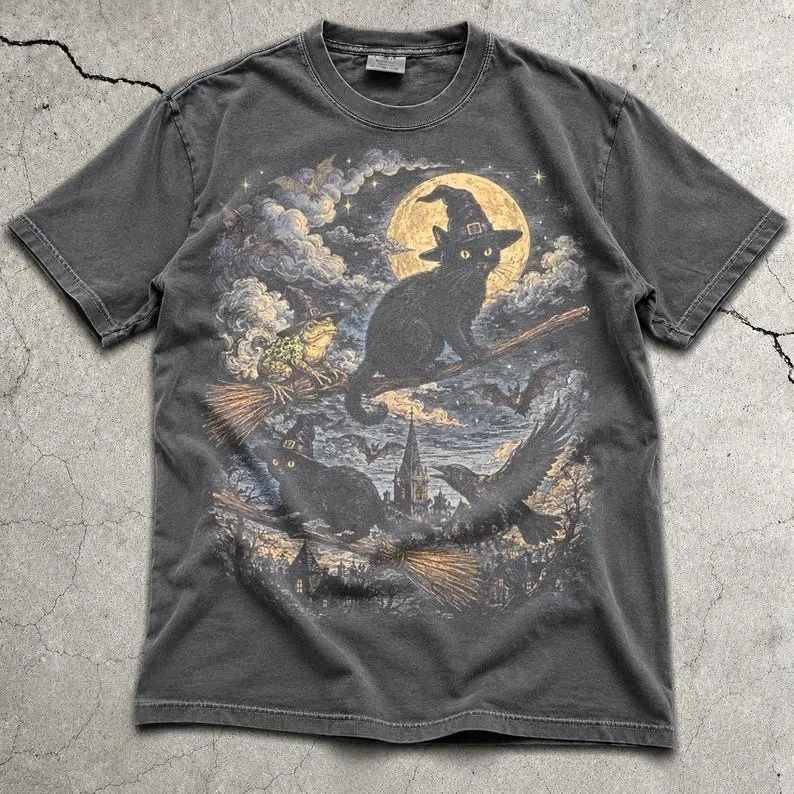 Comfort Colors 90s Spooky Cats T-Shirt - Unisex Graphic Tee - Vintage Black Cat Witchy TShirt - Whimsical Goblincore TShirt - Scary Fall Tee