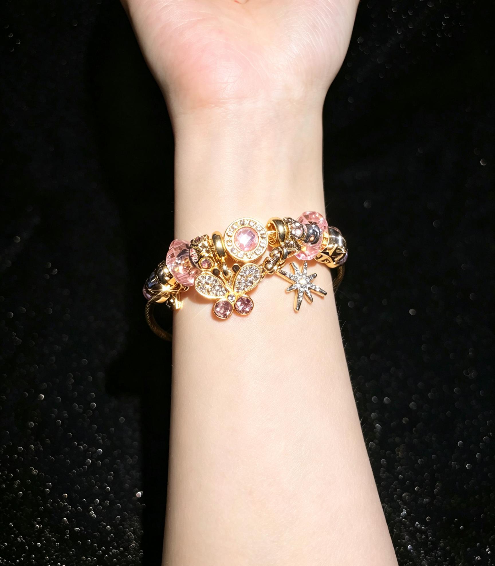 Sparkling Pink Crystal Butterfly Star Dangle Charm Bangle Bracelet, Gold Tone Open Cuff Wire Bangle Fashion Jewelry Gift for Women Sparkling Pink Crystal Butterfly Star Dangle Charm Bangle Bracelet, Gold Tone Open Cuff Wire Bangle Fashion Jewelry Gift for Women